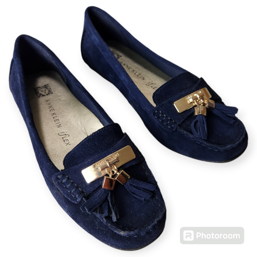 Anne Klein iflex Navy Blue Suede  Moccasin Akoates Tassel Flat Shoes size 6.5M